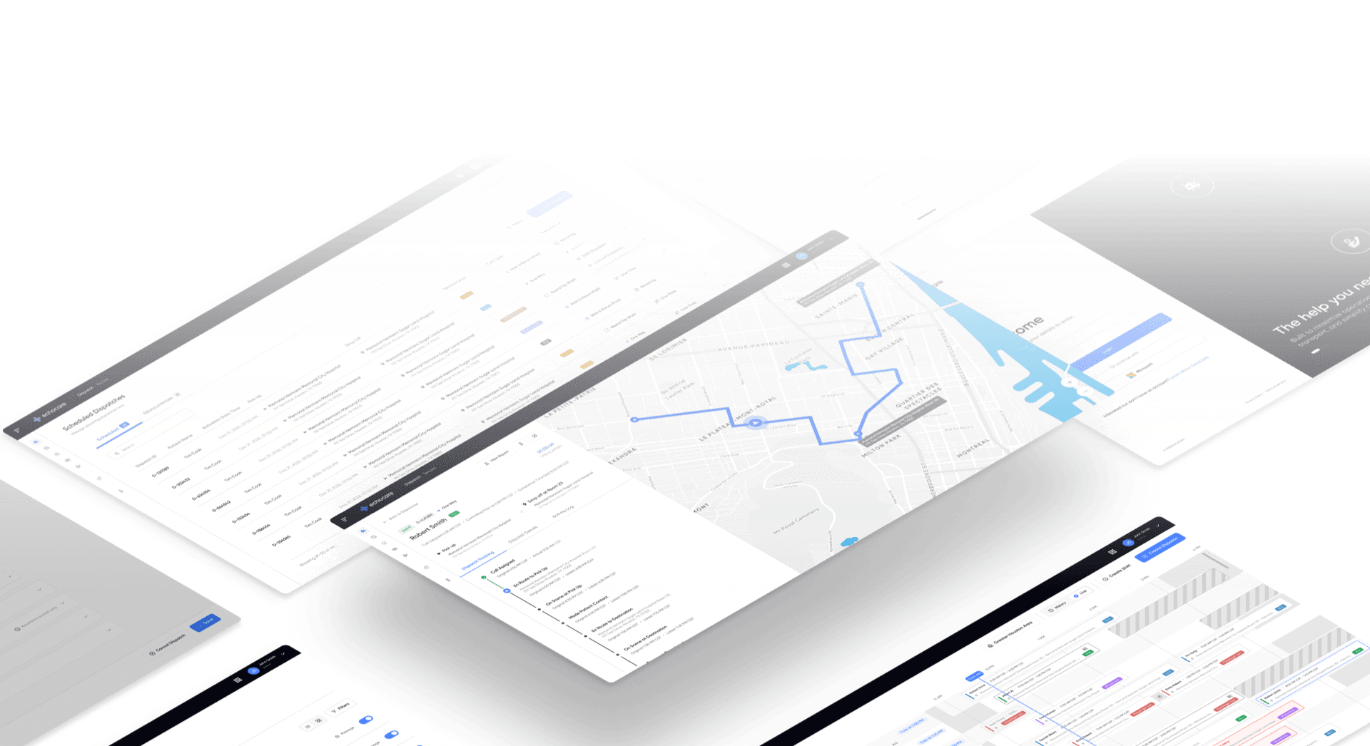 EchoCare dispatching software showing scheduled dispatches, live map routing, and patient case details across multiple UI panels.