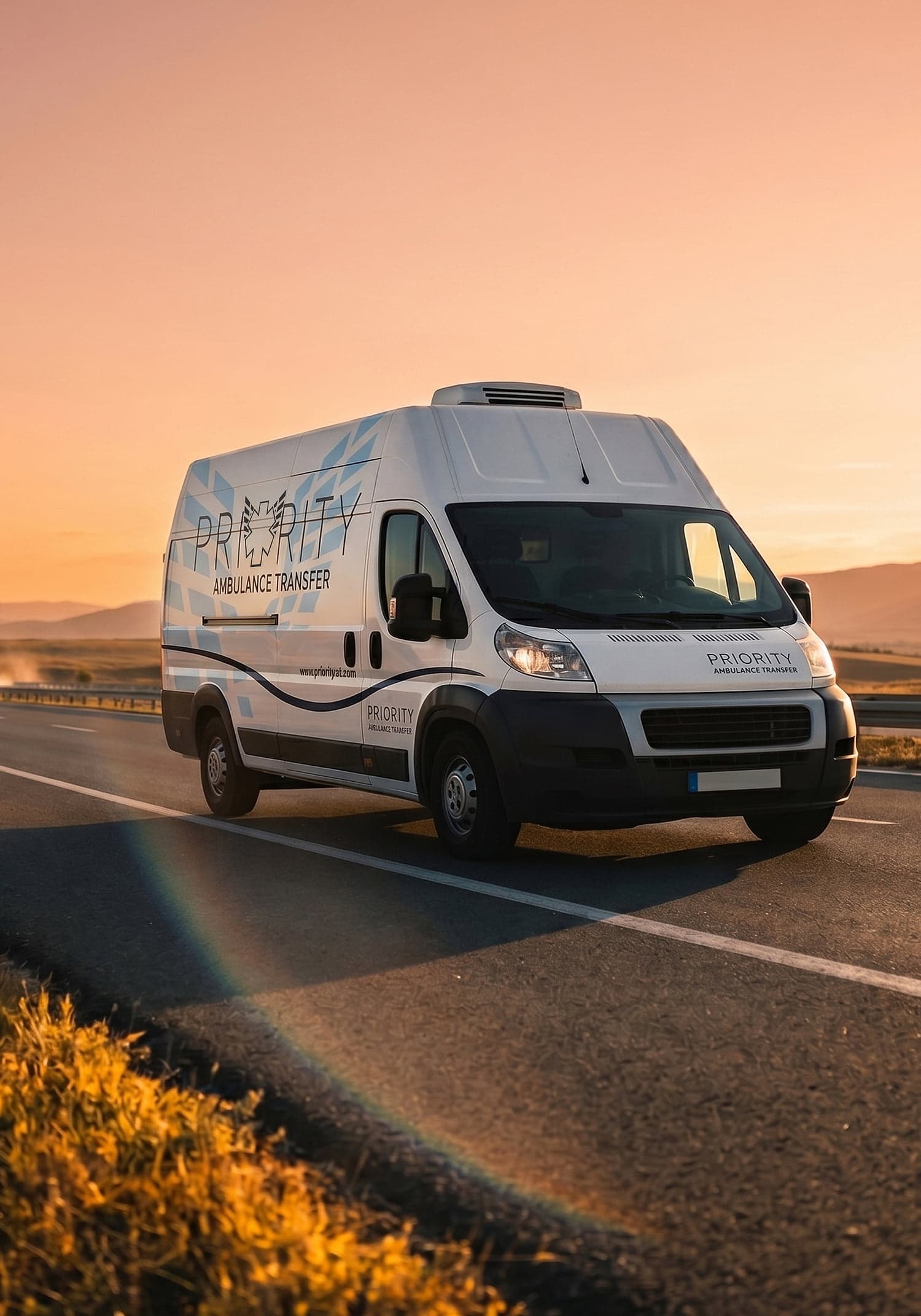 A Priority Ambulance Transfer van traveling along an open road at sunset, with mountains in the distance.